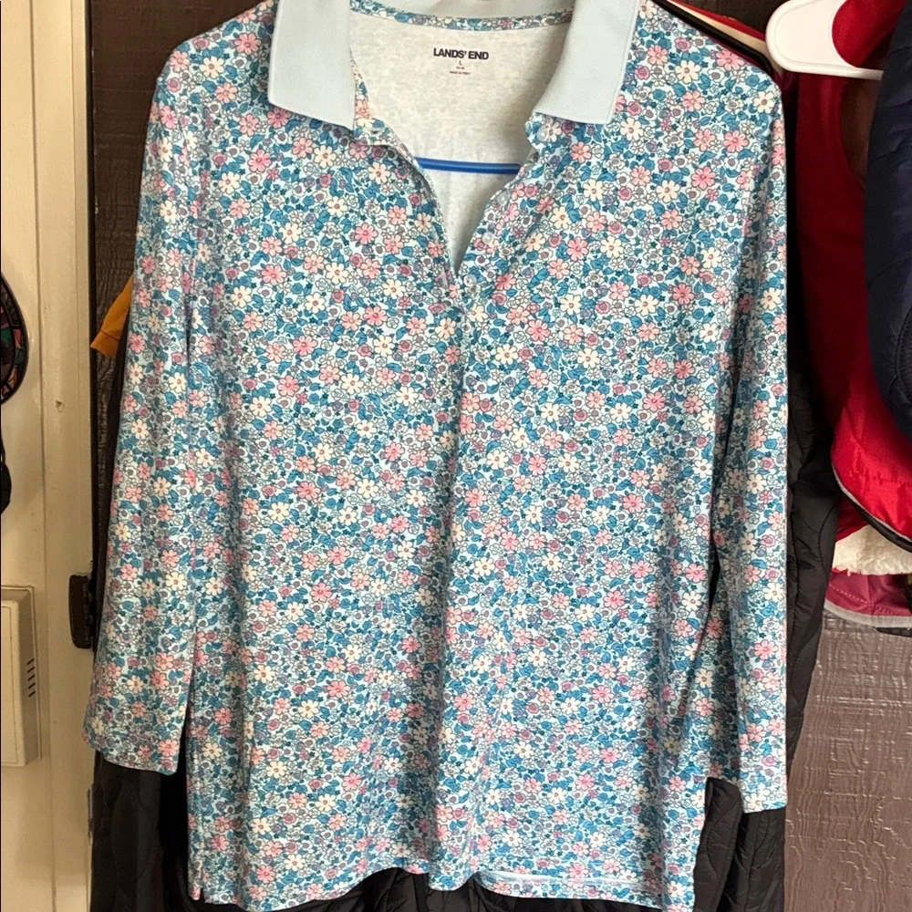 Lands' End Floral Print Polo with Light Blue Collar - Picture 1 of 1
